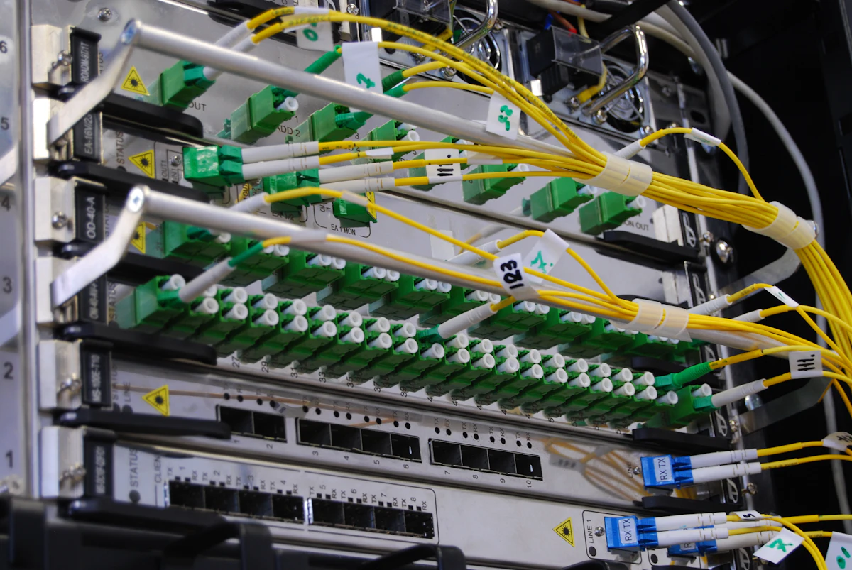 Sunucu dolabında fiber optik kablo bağlantıları
